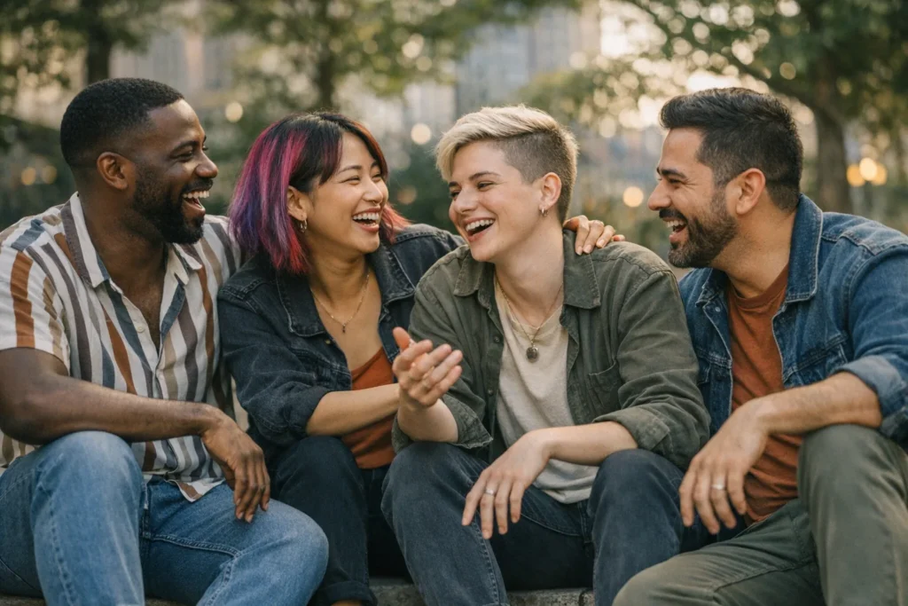coming out acceptance stories – diverse LGBTQ+ friend group in an intimate outdoor conversation