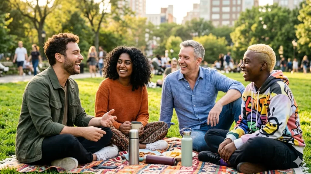 community lgbtq benessere – gruppo di persone queer che si supportano ridendo in un parco