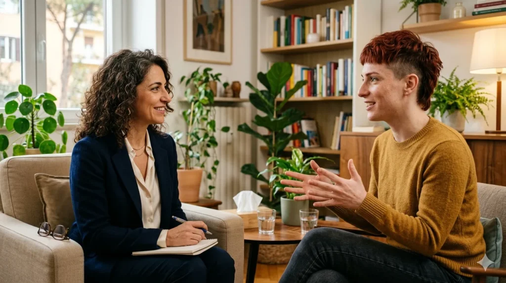 supporto psicologico lgbtq italia – due persone in colloquio con psicologa in studio accogliente