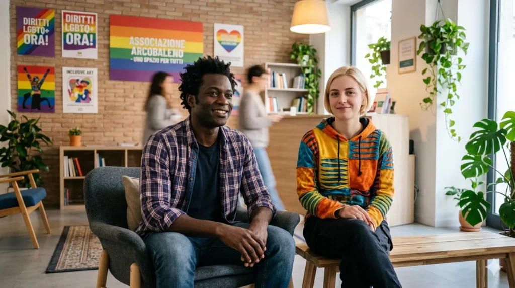 sportello psicologico lgbtq – uomo gay e donna lesbica in attesa in sala di accoglienza associazione