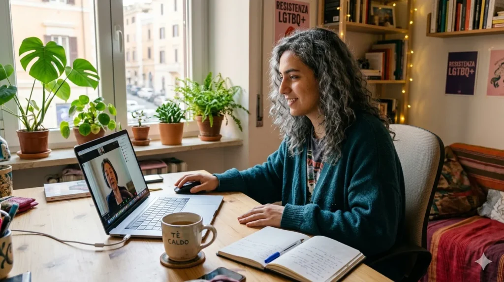 psicologo gay friendly online – persona non-binary in videochiamata con terapeuta da casa propria