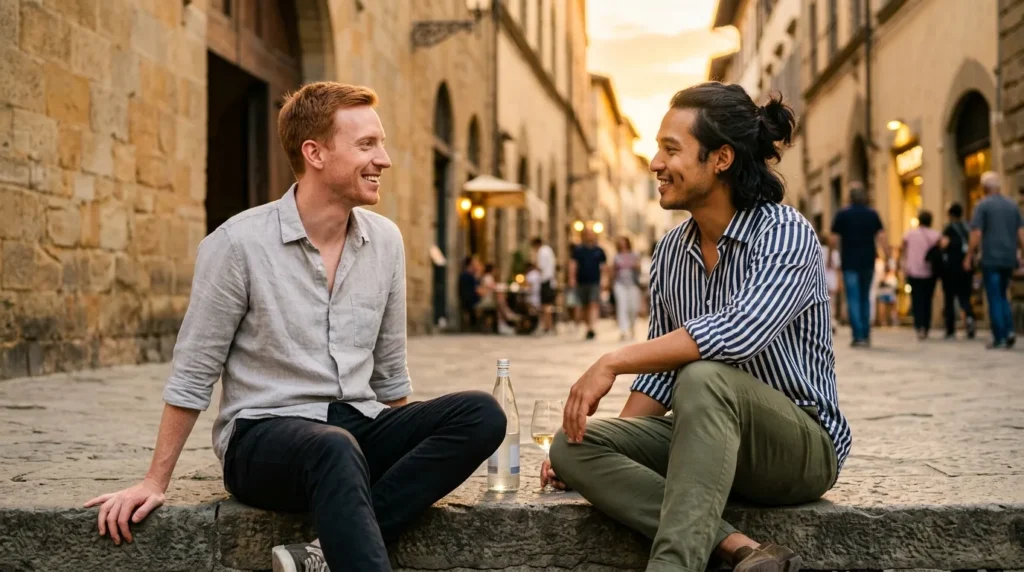 mutual gay attraction — two men smiling at each other in a genuine intimate moment