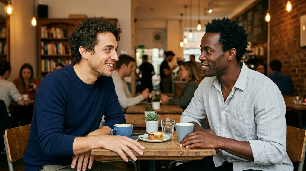 how to tell if a gay guy likes you — two men sharing a meaningful glance at a bar
