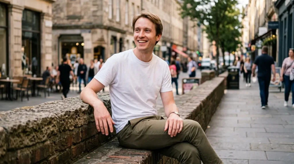 gay interest body language signals — smiling man sitting on a wall in the city