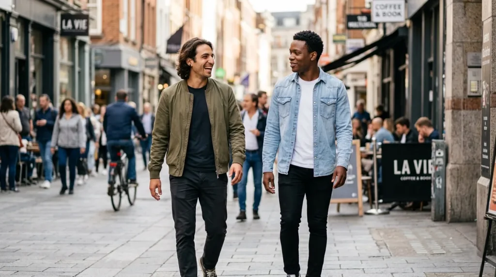 gay flirting conversation — two men laughing together during a city walk